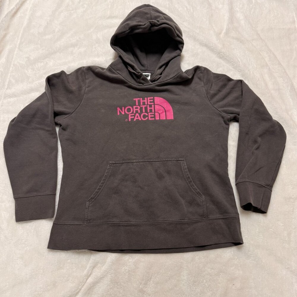 North Face Hoodie womens Pull Over Sweat Shirt Sz LARGE Gray/Pink